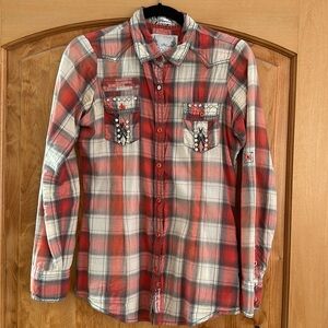 Roar embellished, button plaid long sleeve shirt, good condition size medium